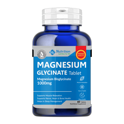 Blue supplement bottle labeled 'Magnesium Glycinate' on a white background